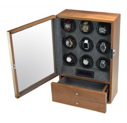 FD-866 Solid Wood 9-Motor Watch Winder with Fingerprint Lock and 2 Drawers
