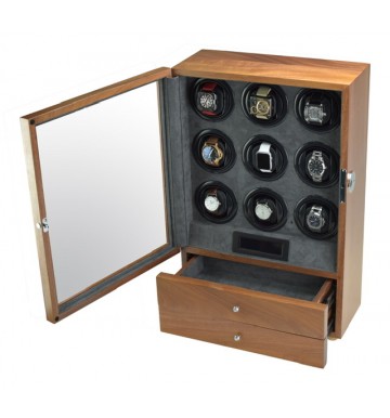 FD-866 Solid Wood 9-Motor Watch Winder with Fingerprint Lock and 2 Drawers