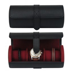FD-140 3PC BLACK BARREL WATCHCASE W/ DIVIDERS IN GIFT BOX
