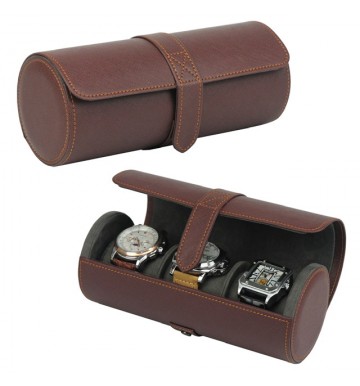 FD-141 3PC BROWN BARREL WATCHCASE W/ DIVIDERS IN GIFT BOX