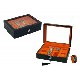 FD-172 8-Slot Lacquer Matte Black Watchbox w/ Orange Interior