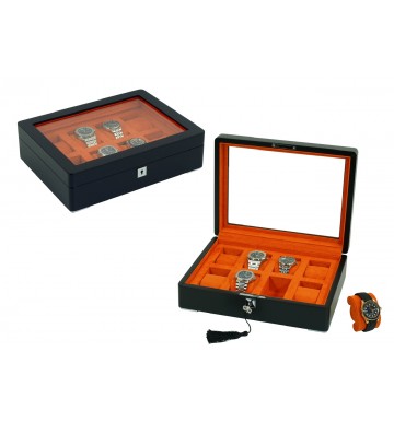 FD-172 8-Slot Lacquer Matte Black Watchbox w/ Orange Interior