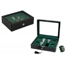 FD-173 8-Slot Lacquer Matte Black Watchbox w/ Green Interior