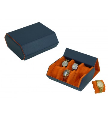 FD-171 6-Slot XXL Watchcase Blue PU Leather with Orange Interior