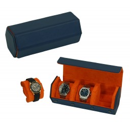 FD-169 3-Slot XXL Watchcase Blue PU Leather with Orange Interior