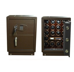 FD-890 BROWN18pc Steel Watch Winder Safety Vault with Wood Panel Interior